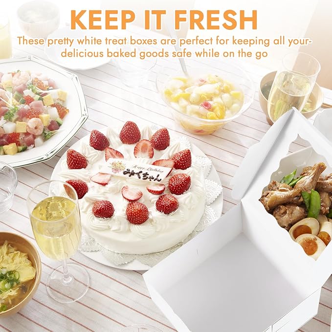 JCD 48pcs Cake Boxes 8x8x5in with Window,White 8 inch Cake Boxes with Boards for Pastries,Cupcakes,Cookies, Pie, Muffins and Donuts(24 Boxes &24 Boards & Stickers & ribbon) (8 * 8 * 5inch/24sets)