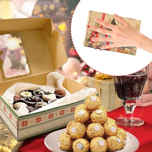 12 Packs Christmas Cookie Boxes with Window,Bakery Treat Boxes Gift Baking Box Christmas Kraft Gift Boxes with Ribbons and DIY Gift Tags for Gift Giving, Pastry, Candy, Party Favors (Small)