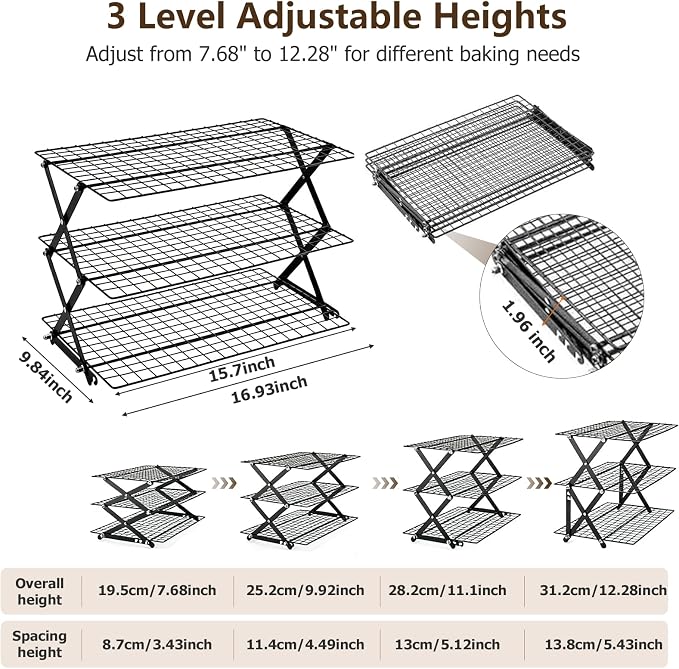 3-Tier Upgraded Stackable Cookie Cooling Rack-Collapsible Cooling Racks for Cooking And Baking Rack with Adjustable, Multifunctional Baking Cooling Rack for Cookies, Roasting, Countertop