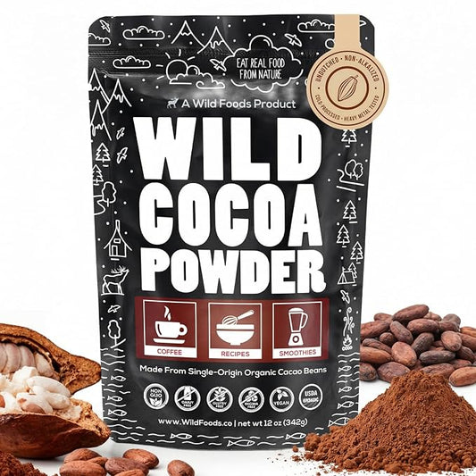 Wild Foods Organic Cocoa Powder Unsweetened for Baking & Cooking, Raw Cacao Powder, Organic Single-Origin Non-Dutched Dark Cocoa, 100% Pure, Non-GMO, Vegan Keto Superfood, Purity Tested, 12 oz