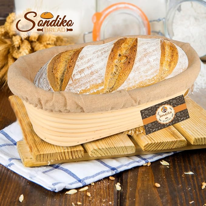 Sondiko Oval Sourdough Proofing Basket, Handmade Sourdough Bread Baking Supplies, Banneton Bread Proofing Basket with Proofing Cloth Liner for Sourdough Bread, Baking(9.6 x 6 x 3 inches)