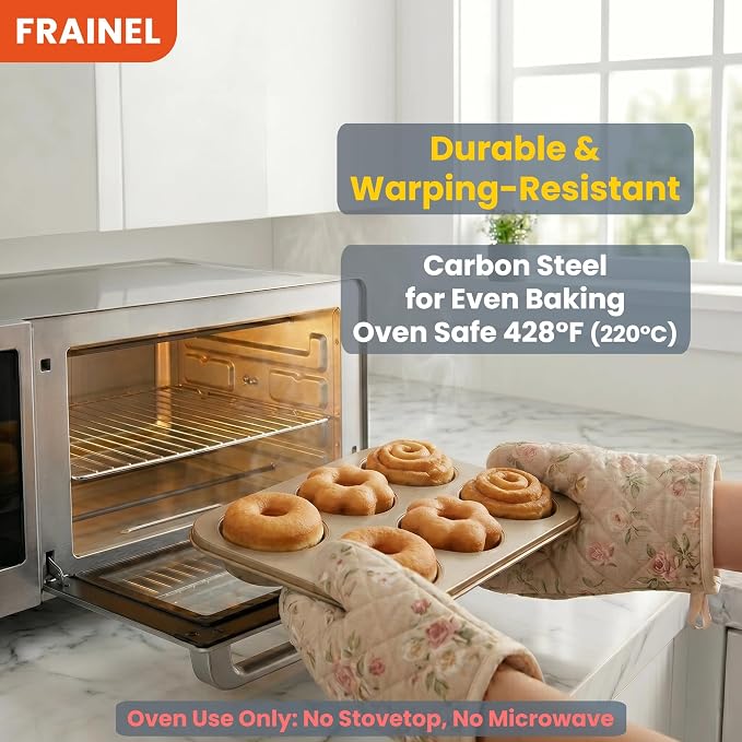6-Cavity Donut Pan for Baking, Non-Stick Carbon Steel Doughnut Molds with 3 Unique Shapes (Petal, Swirl & Classic), Heavy-Duty Bagel & Mini Bundt Tray, Champagne Gold