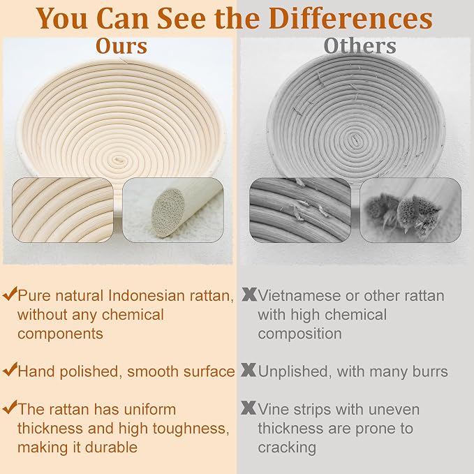Sourdough Starter Kit with 9" Round & 10" Oval Bread Proofing Baskets | Pure Natural Indonesian Rattan Material and a Complete Set of Homemade Bread Baking Tools suitable for Beginners