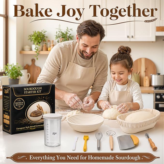 Sourdough Starter kit with Sourdough Starter Jar, 9" Round and Oval Banneton Basket, Dough Scoring Tool, Whisk and Bread Cutter for Homemade Bread a Complete Sourdough Kit