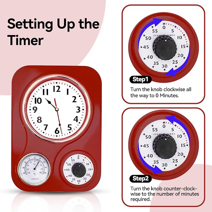 Lily's Home -9 Inch x 12.5 Inch -Retro Kitchen Wall Clock, Vintage Wall Clock with a Thermometer and 60-Minute Timer, Ideal for Any Kitchen, Office, or Diner (Retro Red)