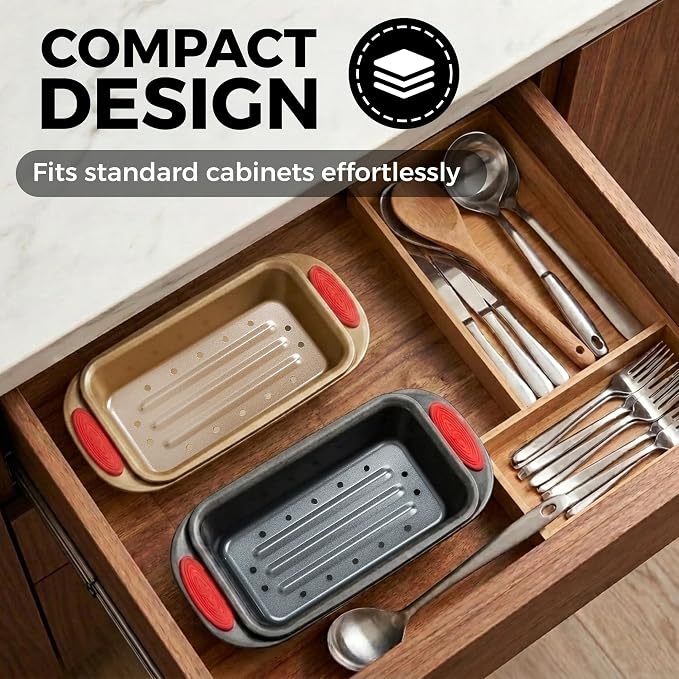 PERLLI Nonstick Meatloaf Pan with Drain Tray, Elevated Inner Pan for Fat and Grease Removal, Easy Grip Silicone Handles, Dishwasher Safe with Heavy-Duty Carbon Steel Bakeware for Even Heating (Gray)