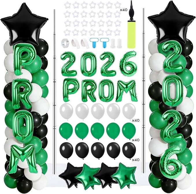 2 Sets 2026 Prom Dance Party Balloon Column Stand Kits Black Green White Latex Balloons 2026 Letters 6.5 Ft Adjustable Metal Tube Telescopic Tower Pillar with Base for Prom Dance Party Decoration