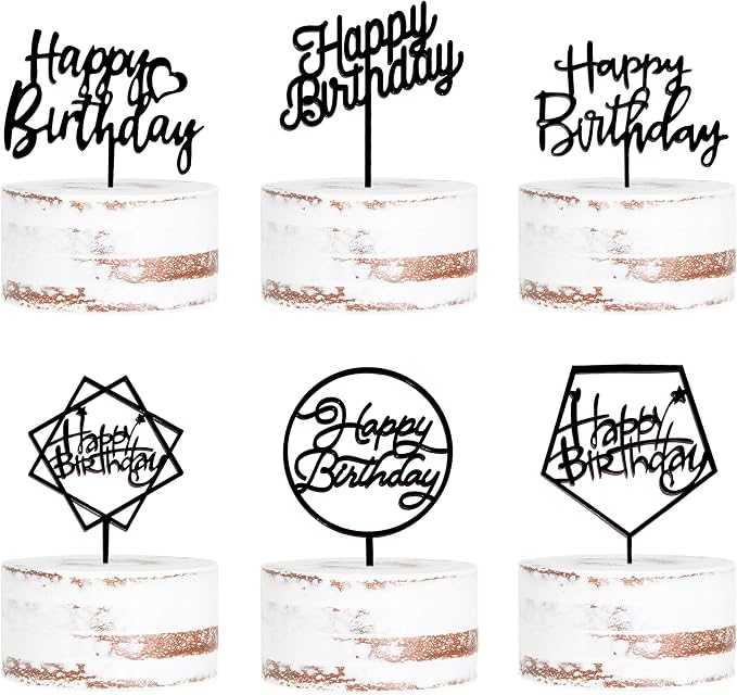 6-Pack Black Birthday Cake Topper Set, Double-Sided Shiny Black, Acrylic Happy Birthday Sign Cake Toppers/Cupcake Toppers, Party Decorations Supplies for Cool Guy.