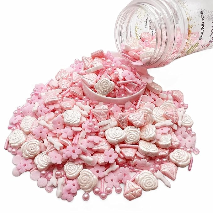 SE Si&Moos Pink Sprinkles Edible Pink Flowers for Cake Decorating Spring Sprinkles Cake Sugar Pearls Edible Icing Flowers Rose and Diamond Candy for Decorating Cake,Cupcake,Ice Cream,Donuts and Lollipops 3 OZ