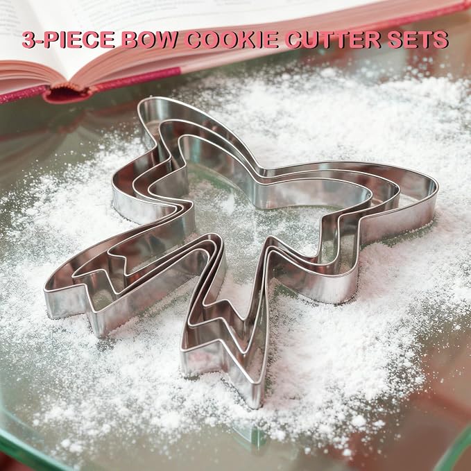 3 Piece Ribbon Bow Cookie Cutter Set,3" 3.5" 4.4" Stainless Steel Cookie Cutters for Baking Fondant Fruit Birthday Cake Decoration