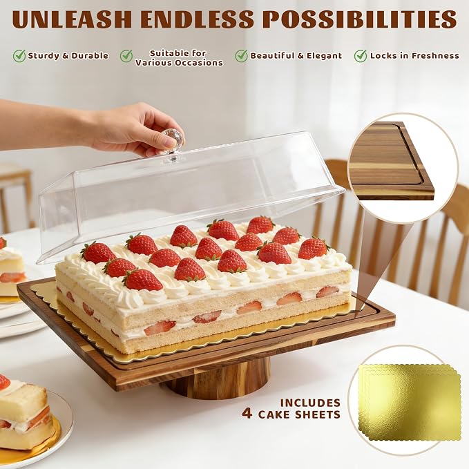 Jolitac Acacia Wood Cake Stand with Lid - Extra Large 17" Rectangular 2-in-1 Dessert Display & Charcuterie Board, Shatterproof Acrylic Dome for Freshness, Perfect for Weddings Parties Gifts