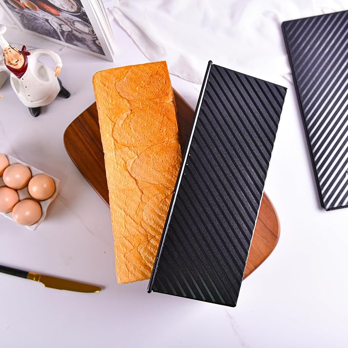 Commercial Pullman Loaf Pan with Lid, 2.2Lb Dough Capacity Non-Stick Rectangle Corrugated Carbon Steel Bread Toast Mold with Cover for Baking Bread (Black)