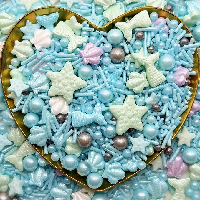 CandiJumpin Under The Sea Sprinkles, Edible Seashells and Starfish for Cake Decorating Ocean Themed Cake Decorations Teal Seashells and Mermaid Sugar Decorations Baby Shower Party Birthday Wedding Christmas Supplies 3 OZ