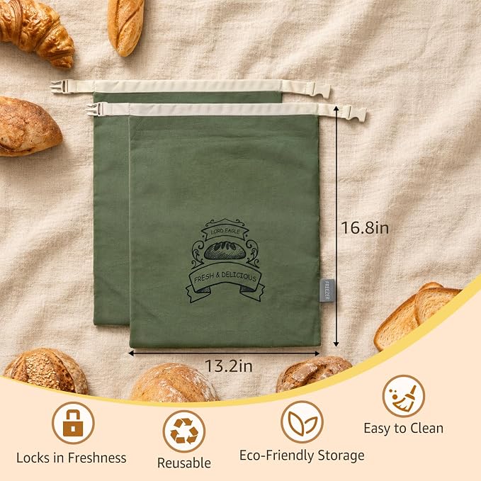 Bread Bags for Homemade Bread & Sourdough - 2 Pack Reusable Beeswax Bread Bags, 100% Cotton with Detachable Liner & TPU Freezer Bag, 17x14in, Freezer Safe & Washable