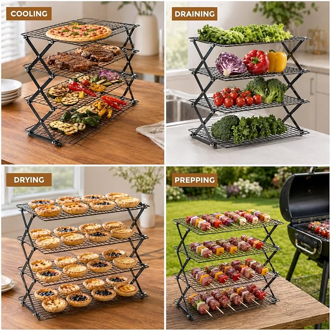 4 Tier Collapsible Cooling Rack, 3 Setting Design - Adjustable Stackable Cooling Racks for Cooking and Baking, Non-Stick Wire Rack with 20pcs Parchment Paper for Baking Cookies, Cakes, Bread, Pizza
