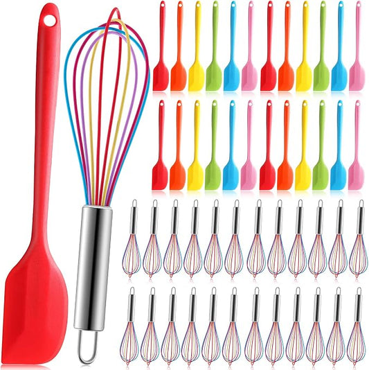 Baderke 48 Pcs Small Silicone Spatula and Whisks Set Bulk for Cooking Mini Whisk Spatula Non Stick Flexible Kitchen Mixing BakingTool Cookware for Cooking Party Favor Gift Supplies (8 Inch)