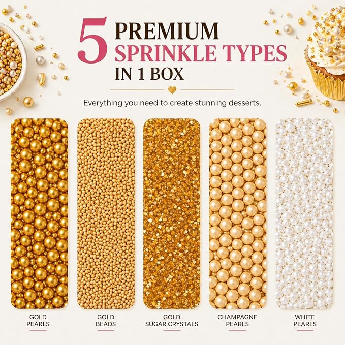 Confect Pearl Sprinkles | Christmas | Golden Sunshine Disco Ball Mashup Mix Champagne Gold Dragees Golden Sparkling Sugar - Vegan, Gluten-Free, Nut-Free, Soy-Free, Dairy-Free, Palm Oil-Free, No Artificial Dyes - 5 Oz