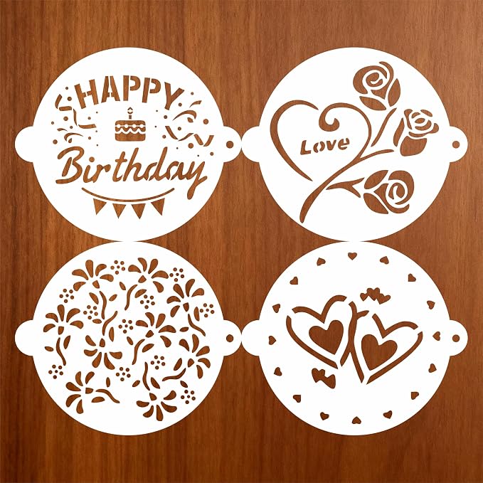 Cake Stencils Set 4 Templates - Happy Birthday, Love, Hearts, Floral - Reusable Laser-Cut for Fondant Buttercream Painting, Baking & DIY Decor (Art Deco) (4 Styles)