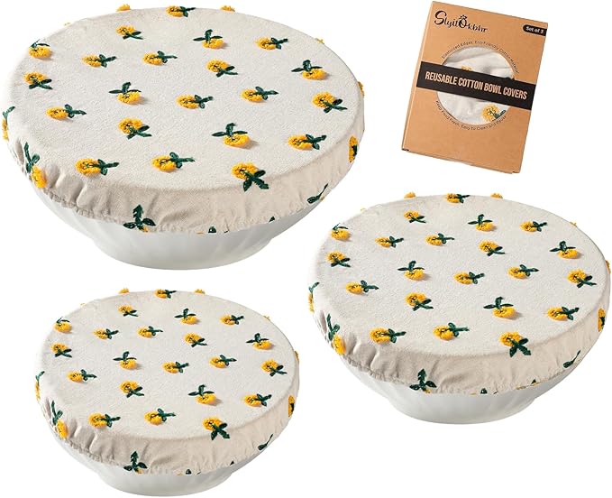 Reusable Bowl Covers for Bread Proofing Baking Embroidered Daisy Linen Cotton Cloth Fabric Washable with Elastic Cover for Food Fruit Salad Eco-friendly (Beige Daisy)