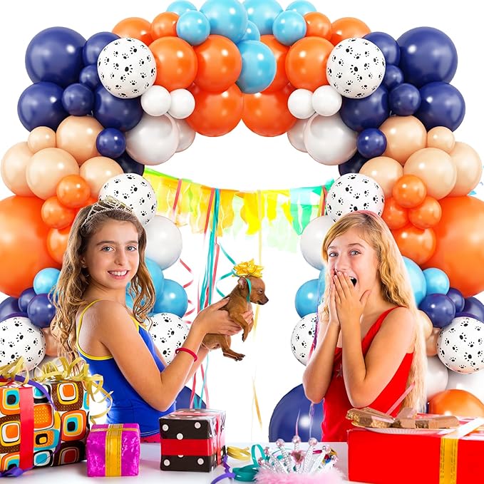 Orange Blue Beige Balloons Garland Kit, Navy Blue Light blue and orange Balloon Arch Kit with Dog Paw Printed Balloon, Orange Blue Apricot Balloons for Puppy Paw Themed Boy Birthday Party Decorations