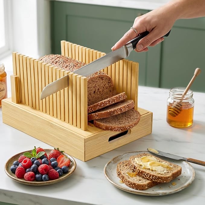 Bamboo Bread Slicer for Homemade Bread, Adjustable Cutting Board with Crumb Tray and Serving Box, Slicing Guide for Sourdough, Sandwich Loaves, Bagels and Cakes