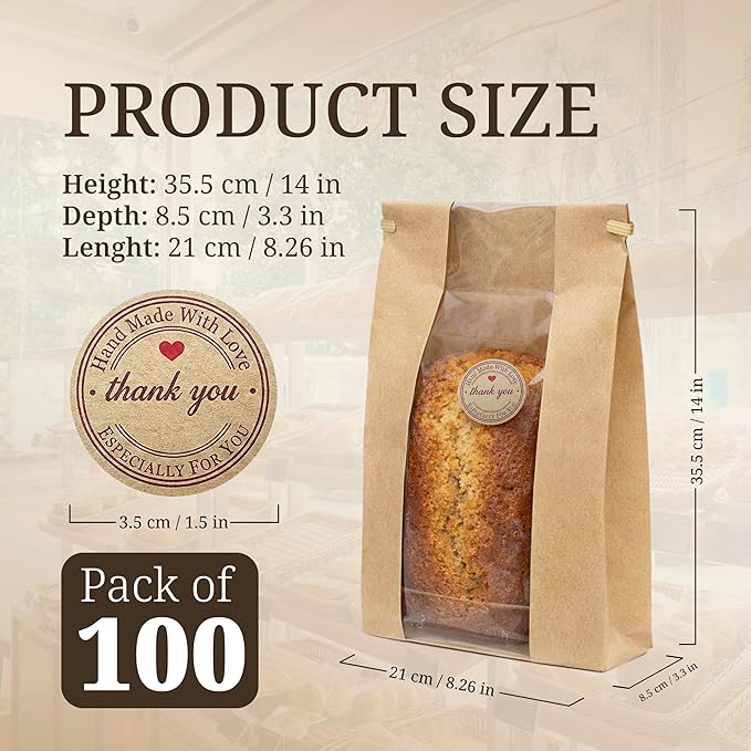 Pack of 100 Sourdough Bags for Homemade Bread with Tin Tie Tab Lock，for Large Paper Bread Bags for Sourdough Bread 14" x 8.3" x 3.5"，Round Sourdough Bread Bags Paper with Clear Front Window