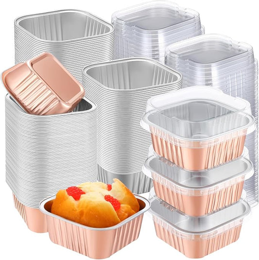 200 Pack 5 oz Mini Cake Pans with Lid, Aluminum Foil Mini Baking Tins, Square Disposable Cupcake Baking Cup Dessert Container for Wedding Birthday Party Picnic(Champagne,Classic)
