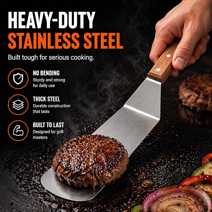 Medium Grill Spatula – Metal Spatula with Wooden Handle & Beveled Edges, Heavy Duty Flat Top Turner for Skillets, Griddles & Grills, Smash Burger Flipper, Stainless Steel Cooking Tool (Style 05)