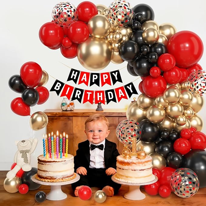 Amandir 153pcs Red Black Gold Balloon Garland Arch Kit, Different Sizes 18 12 10 5 inch Red Black Gold Latex Metallic Confetti Gold Balloons for Graduation Casino Theme Birthday Party Decoration