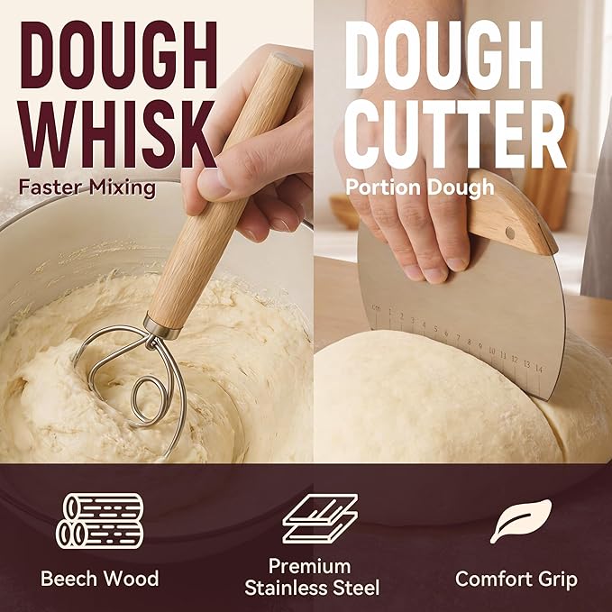 Sourdough Starter Kit, 9" Round and 9.7" Oval Banneton Proofing Baskets, Bread Baking Supplies with Glass Starter Jar, Dough Whisk, Bread Lame, Scrapers and Linen Liners