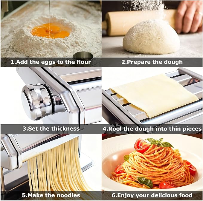 Pasta Maker Machine With 7 Adjustable Thickness Settings, Stainless Steel Manual Noodle Maker,Pasta Roller& Cutters With Removable Handle and Clamp For Kitchen (All-in-One -180)