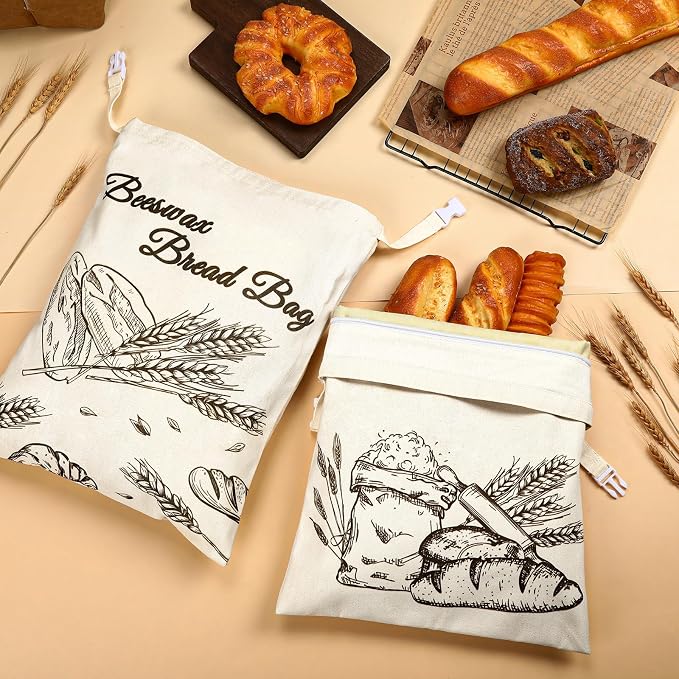 Augshy 2-Pack Beeswax Bread Bags for Homemade Bread 17 inches x 13 inches Reusable Sourdough Bread Bags with Zipper Handle Beeswax Lined Linen Bread Storage for Freshness Artisanal Loaves Baguettes