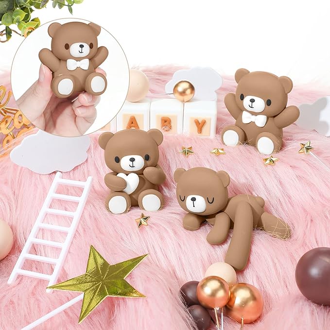 Yinder Bear Cake Toppers Mini Bear Cake Decorations Cake Toppers Gold White Pearl Ball for Birthday Party Decorations(Dark Brown,Cute Style)