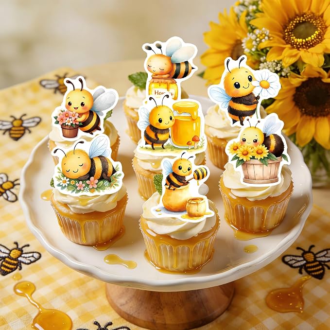 72 PCS Edible Bumble Bee Cupcake Toppers Wafer Paper Oh Babee Cake Decorations for Bee Theme Baby Shower Kids Boys Girls Birthday Cake Party Decoration