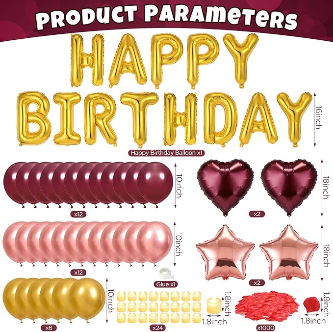 Burgundy Happy Birthday Balloons Decorations Burgundy Rose Gold Birthday Balloon Letters Banner with Star Heart Balloons Artificial Rose Petals 24 Flameless LED Candles for Birthday Party Supplies