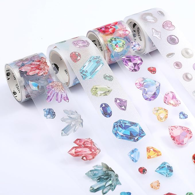 Tape Stickers for Journaling, 4 Rolls Pre Cut Brilliant Gem Series Single Scrapbook Stickers, PET Washi Tape Stickers, Decorative PET Tapes Set for Planner DIY Crafts and Gift Wrapping