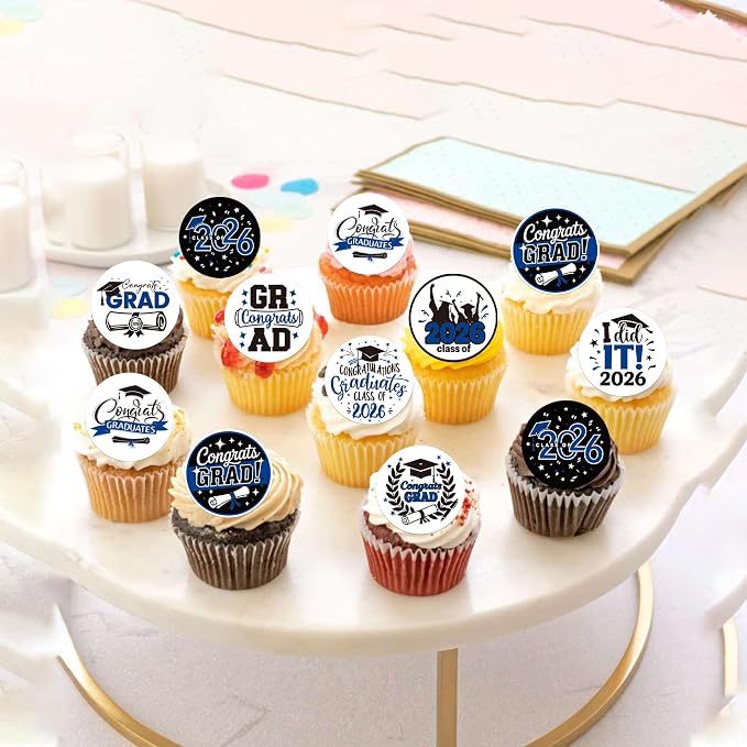 63 PCS Edible 2026 Graduation Cupcake Toppers Diploma Congrats 2026 Grad Cap Cupcake Picks Edible Class of 2026 Cake Decorations for 2026 Graduation Theme Party Cake Decorations Supplies Dark Blue