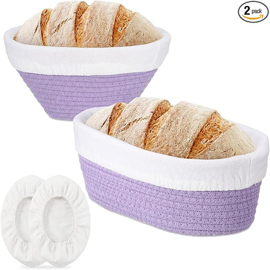 2 Pcs Cotton Rope Banneton Bread Proofing Basket Set 9 Inch Round and 10 Inch Oval Banneton Basket Sourdough Bread with Liners Covers for Baking Supplies(Purple)
