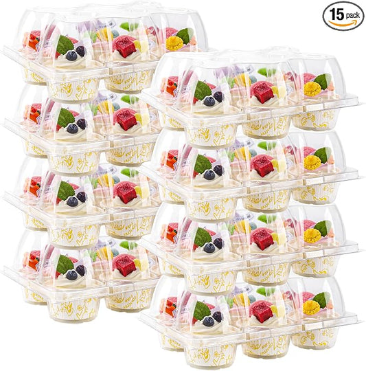 NPLUX 6 Count Cupcake Containers 15 Pack Cupcake Holders Clear Plastic Stackable Cupcake Boxes with Detachable Tall Dome Lids for 90 Cupcakes, BPA Free, Standard Size