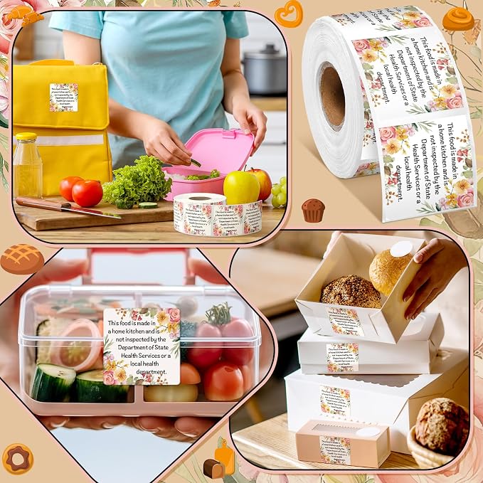 500 Count Cottage Food Law Labels Stickers Floral Printed Home Made Stickers 1.5” Square Thermal Printed Labels for Home Kitchen Bakery Bread Sourdough