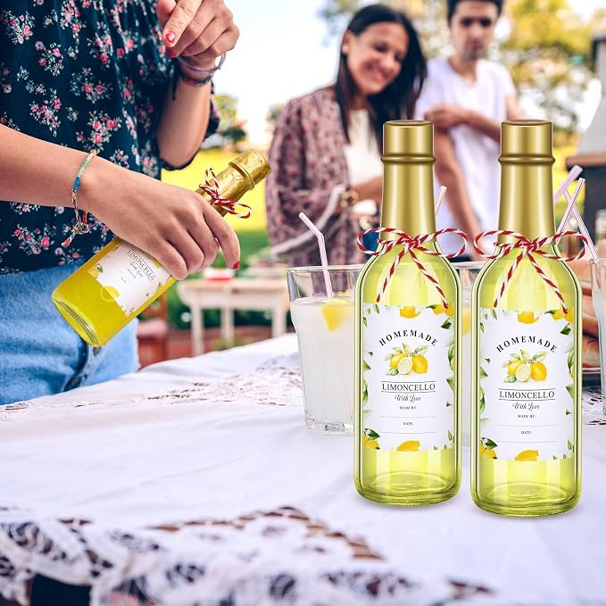 Reallnaive 12 Sets Limoncello Glass Bottles Sets 8 oz Clear Glass Bottles for Limoncello Homemade with Tags and Twine and Funnel for Home Brewing Wedding Baby Shower Party Favors
