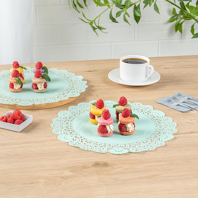 Pastry Tek 12 x 12 Inch Paper Lace Doilies, 100 Disposable Table Doilies - Elegant Lace Finish, Long Lasting, Teal Paper Doily, for Pastries, Cupcakes, Desserts - Restaurantware