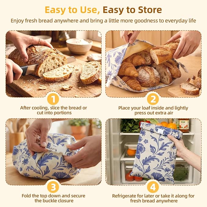 2 Pack Beeswax Bread Bags for Homemade Sourdough Bread, Includes 2 Wraps, 17×13 Inches Organic Cotton Bread Storage Bags, Keeps Bread Fresh, Ideal for Bakers, Kitchen, Travel