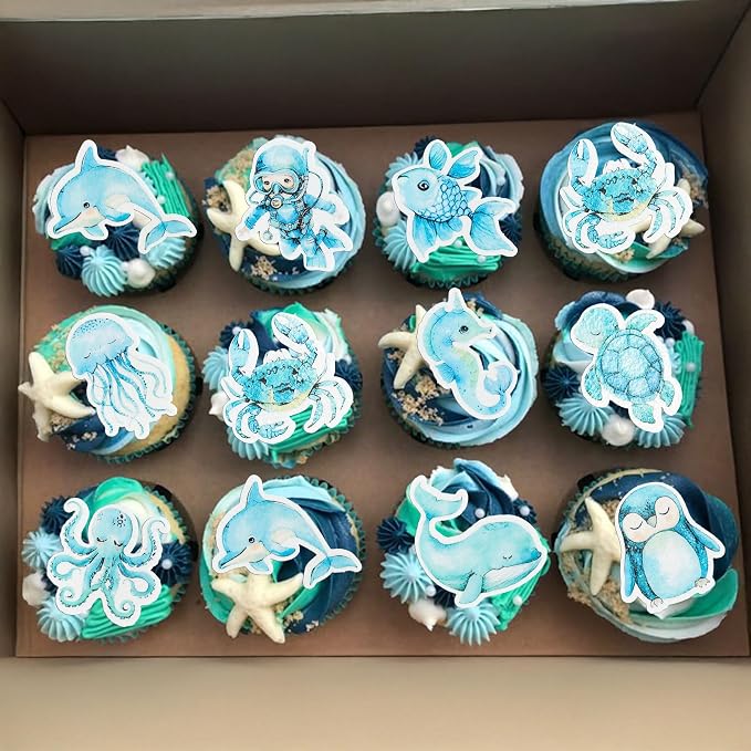 Gyufise 60Pcs Edible Ocean Sea Animal Cupcake Toppers Shark Dolphin Starfish Octopus Seahorse Cupcake Picks Baby Shower Cake Decorations for Under the Sea Theme Birthday Party Supplies