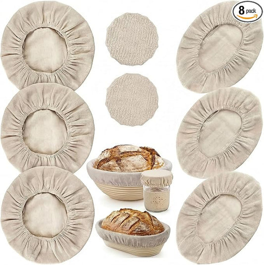 8 PCS Bread Proofing Basket Cloth Liner (3 Round & 3 Oval) & 2 Sourdough Starter Jar Covers, 10 Inch Banneton Basket Cover for Sourdough Baking, Reusable Dough Bowl Liner (Combo)