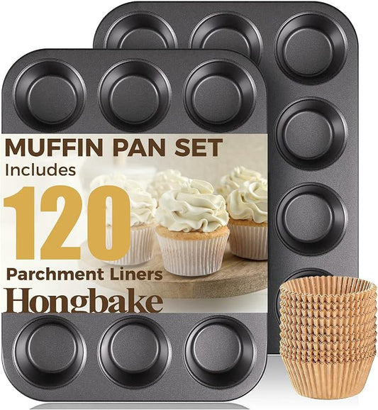 HONGBAKE Muffin Pans with 120 Natural Parchment Liners, Nonstick Cupcake Baking Tray for Oven, Premium Standard Size, 12 Cup, 2 Pack, Dark Grey