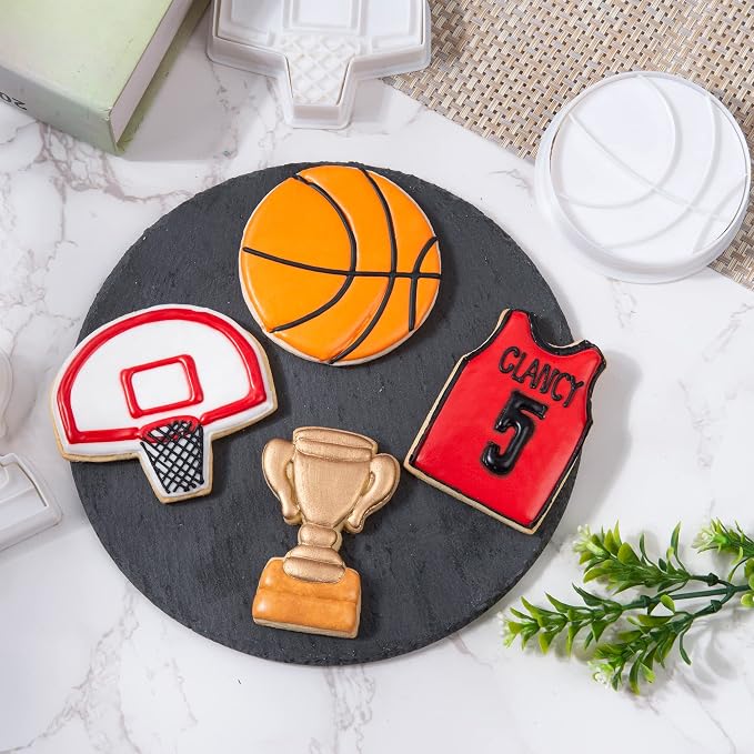 Mostop Basketball Cookie Cutter Set, 4 Pieces Sports Cookie Cutter with Stampers, Basketball, Hoop, Jersey, Trophy Cup, Cake Decoration Tools Birthday Party Supplies Favors