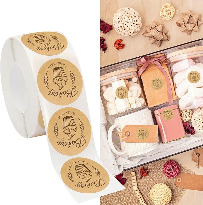 500pcs Kraft Bakery Stickers, Handmade Baked Labels, Round Adhesive Tags, DIY Seal Roll Stickers (Style B, Brown)