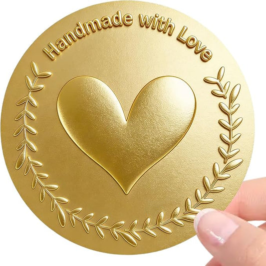 100 Pack Handmade with Love Stickers, Embossed Gold Foil Labels, Premium Raised Metallic Seals for Small Business Packaging, Gift Bags, Bakery Boxes & Handmade Sellers 1.5 Inch