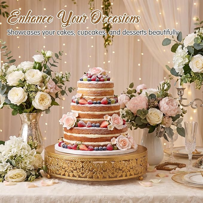 Wenqik 12 Inch Gold Cake Stand Set Metal Round Cupcake Dessert Stand with Cake Cutting, Flower Spatula Wedding Cupcake Pastry Display Candy Holder Display for Wedding Party Birthday Baby Shower